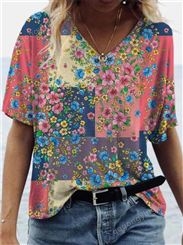 现货欧美女装 夏季新款花朵抽象绘画 V领宽松印花短袖T恤上衣