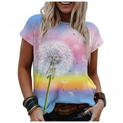 2021欧美女装 新款水彩绘画 花卉印花 圆领短袖T恤